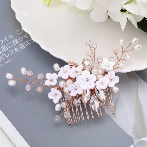 Accer Wedding Hair Comb Silver Rhinestone Pearl Flower Bride Hair Accessories Sparkly Crystal Leaf Headpieces Clips for Women and Girls (rose gold)
