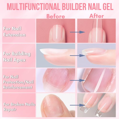 Makartt Builder Nail Gel 15ml 7 in 1 Multifunctional Clear Gel Nail Polish Base Coat Nail Strengthener Gel Nail Extension Hard Gel Builder for Broken Nails Repair Soak Off UV/LED Nail Lamp Required