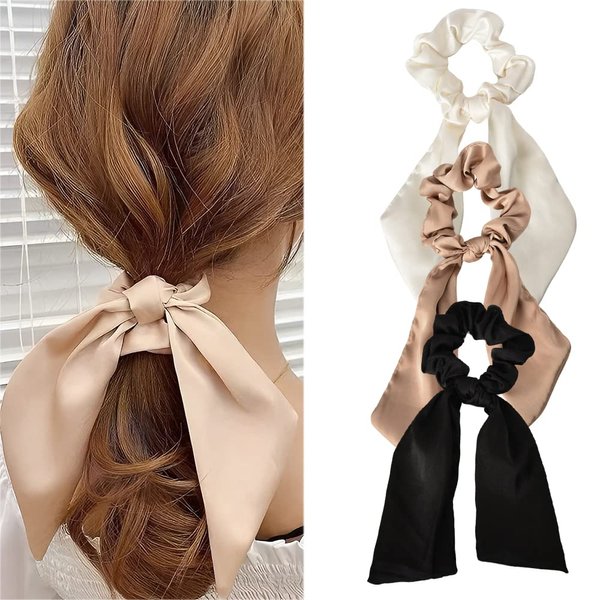 Hair Scarf Scrunchies with Ribbon Tails for Women Girls Hair Bow Scrunchy Ribbon Hair Ties for Teen Girls Knotted Bow Hair Elastics Chiffon Ponytail Holder for Women 3 Pcs