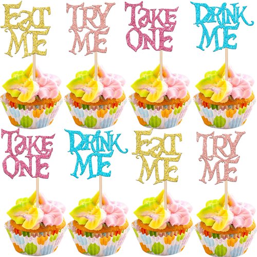 24 PCS Eat Me Cupcake Toppers Mixed Colors Glitter Try Me Take One Cupcake Picks Magic Alice Tea Party Theme Cake Decorations for Baby Shower Kids Boys Girls Birthday Party Decorations Supplies