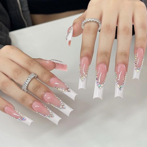 24Pcs Long Press on Nails Coffin French Tip Fake Nails with Rhinestone Bling Design Coffin Shaped Full Cover White Nails Tips Acrylic Nails Glossy Glue on Nails Artificial French False Nails for Women