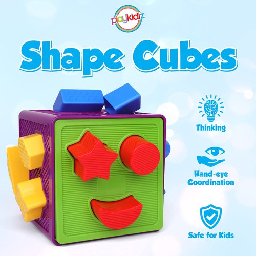 Playkidiz Shape Sorter Toy, Toddler and Baby Stem Sorting and Matching Activity Cube, 18 Blocks Colorful Sorter Box, My First Baby Toys Gift for Boys & Girls