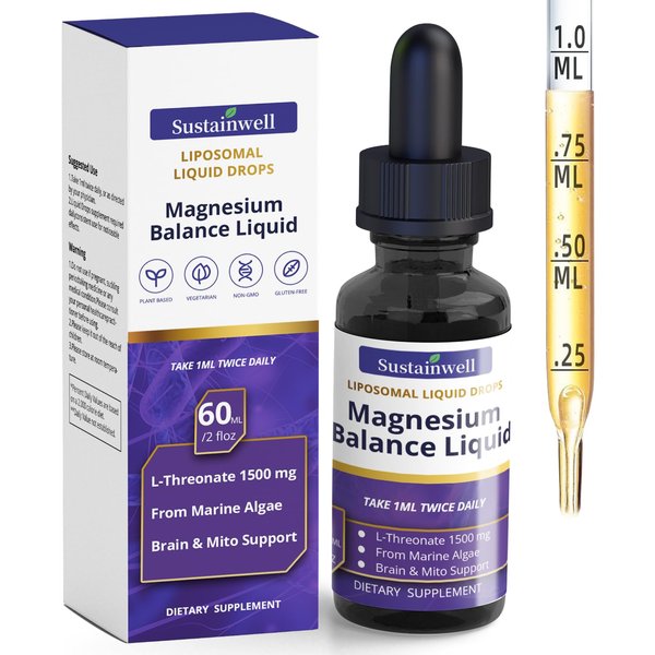 Magnesium L Threonate Liquid Drops 1500mg High Absorption Brain Supplement for Memory Focus Sleep Anxiety Relief Sugar Free Vegan 2.04 Fl Oz