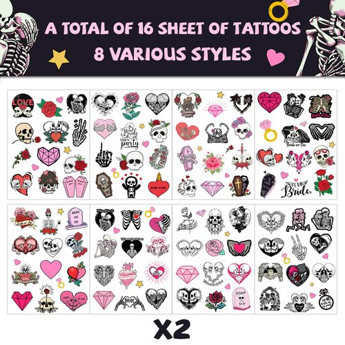 192 PCS Til Death Do Us Temporary Tattoos Stickers Gothic Halloween Sticker for Bridal Shower Supplies Bride or Die Bachelorette Party Decorations Gifts Ideal Prizes Valentine (16 Sheet)