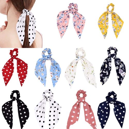 DINPREY 10 Pcs Floral Print Hair Scrunchies Silk Satin Scarf Hair Ties Chiffon Floral Scarf Scrunchie Ponytail Holder with Bows Dot Flower Pattern Scrunchy (10 pcs Combination-A)