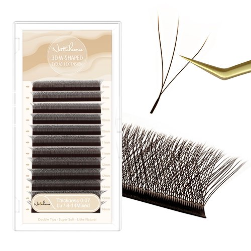 NATUHANA W Shaped Clover Eyelash Extension 3D Premade Fans 0.07mm LU Curl 8-14 Mixed Tray Volume Lash Cluster W Lashes Supplies Lash Extensions (3D brown;0.07 LU, 8-14 MIX)