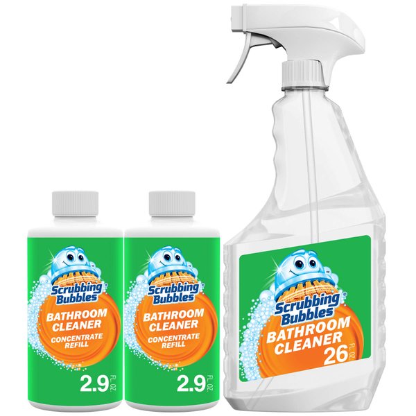Scrubbing Bubbles Multi-Surface Bathroom Cleaner Concentrate Starter Pack, Re-usable Trigger Bottle and Two 2.9 oz Refills