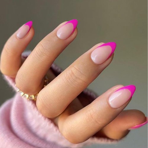 30 PCS Hot Pink French Tip Press On Nails Short Almond,Medium Fake Nails French Nails Press ons,Oval Acrylic Nails Glue on Nails Medium,Natural Short Almond Nails False Nails for Women in 15 Sizes