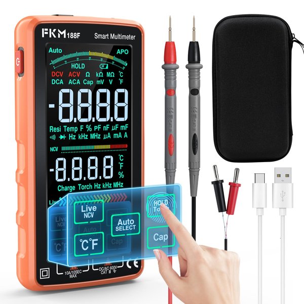 FKM Digital Multimeter, Compact & Rechargeable Voltmeter w/ 5″ Touch Screen, Auto-Ranging, TRMS 6000 Counts, High Accuracy, Smart Electrical Tester Measures Voltage, Current, Resistance, Temperature