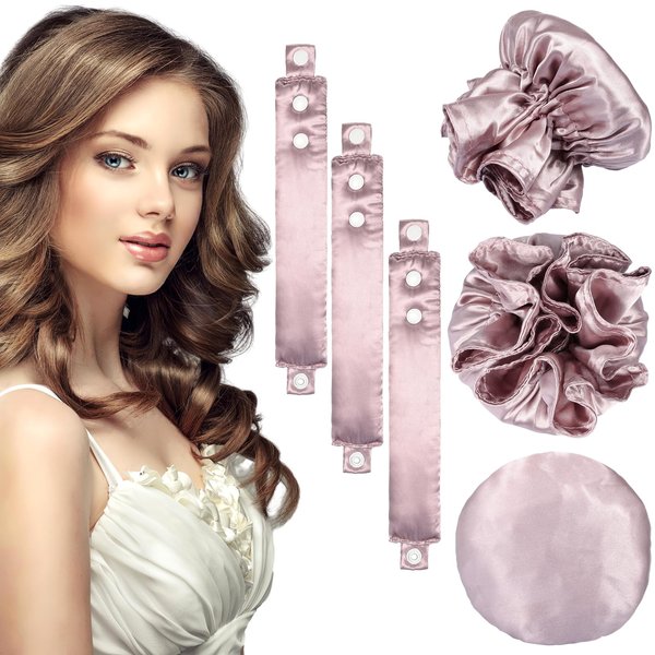 6Pcs Satin Heatless Curling Rods with Caps - Soft Hair Rollers for No-Heat Overnight Curls on All Hair Types