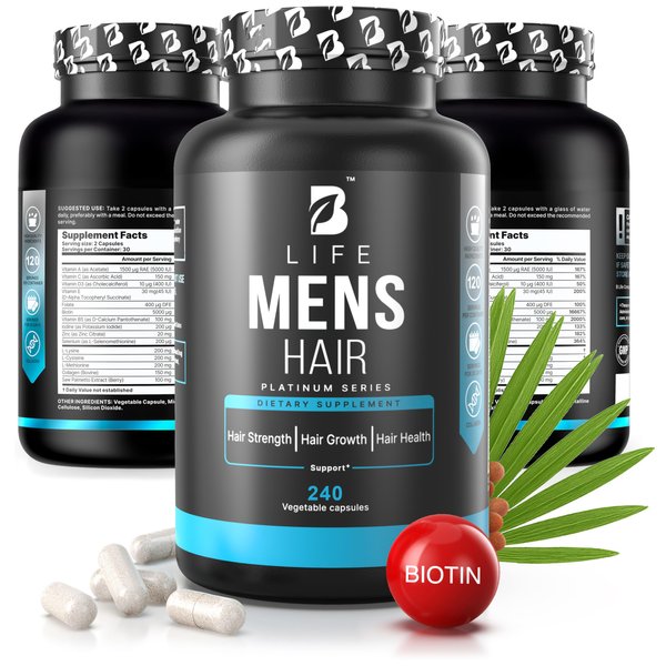 Men’s Hair Growth Supplement – Biotin & Collagen Hair Vitamins for Men – Thicker, Fuller Hair, Nail & Scalp Support – Hair Loss Supplement with Zinc, Selenium & Vitamins A C D E – 240 Capsules