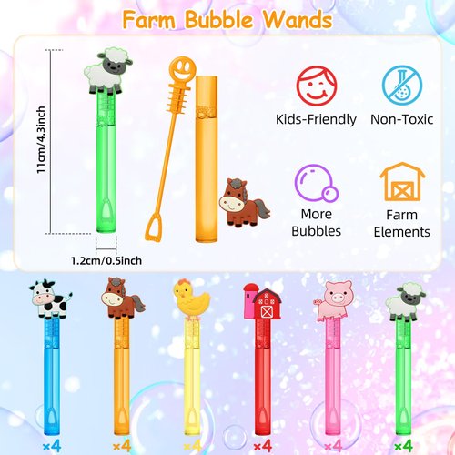 24 Farm Animal Party Favors Bubble Wands for Kids, Chicken Sheep Horse Cow Pig Mini Bubbles Wand Toys, Barnyard Farm Theme Birthday Party Supplies Goodie Gift Bag Stuffers Pinata Classroom Prizes