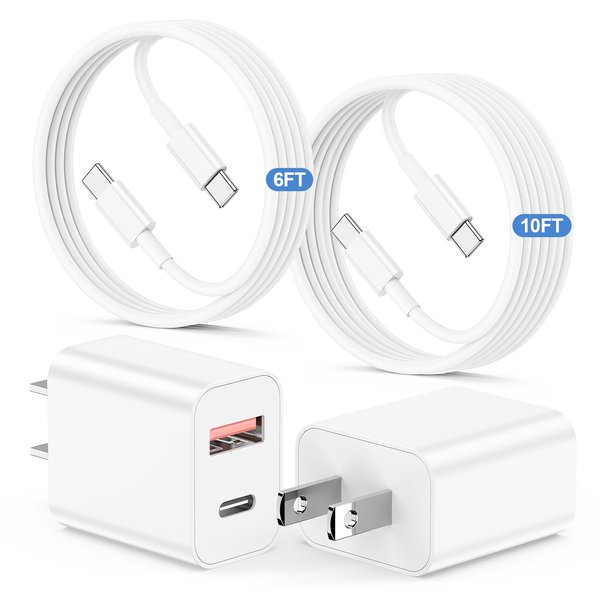 (6ft+10ft) for iPhone 15 Charger Fast Charging, iPad Pro Fast Charger, USB C to USB C Cable & 20W Dual Port USB Charger, USB C Charging Block for iPhone15/ 15 Pro/15 Pro Max,iPad Pro/Air/Mini,Android