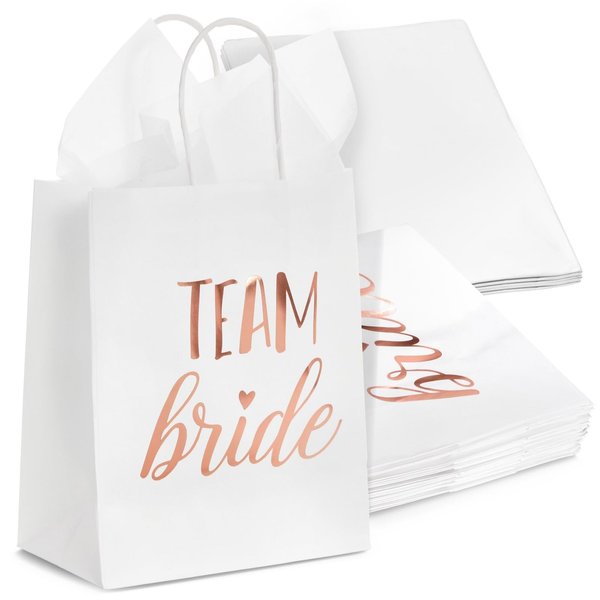 BLUE PANDA 15-Pack Team Bride Gift Bags with White Tissue Paper for Bridesmaid Proposal, Bridal Shower, Wedding Party Favor Bags with Handles, (Rose Gold Foil, White, 8x4x9 in)