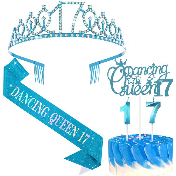Crowye 17th Dancing Queen Gifts for Girls, Dancing Queen 17 Cake Topper, 17th Tiara Crown, Sash, Candles, 17 Birthday Decorations for Women Girls Party Accessories (Blue)