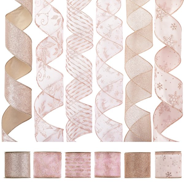 HUIHUANG Christmas Ribbon Wired 2.5 inch Rose Gold Ribbon for Christmas Tree Rose Pink Christmas Ribbons for Gift Wrapping, Tree Decorations, Crafts, Wreath, Garland, Bows -6 Rolls x 6 Yards Each