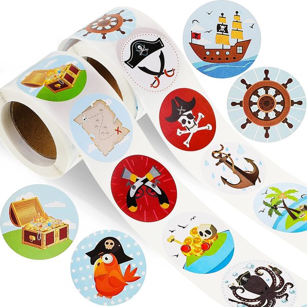 1000 Pieces Pirate Stickers Fun Pirate Themed Stickers Assorted Pirate Roll Stickers Pirate Wall Decals Pirate Birthday Party Favor Stickers for Girls Boys