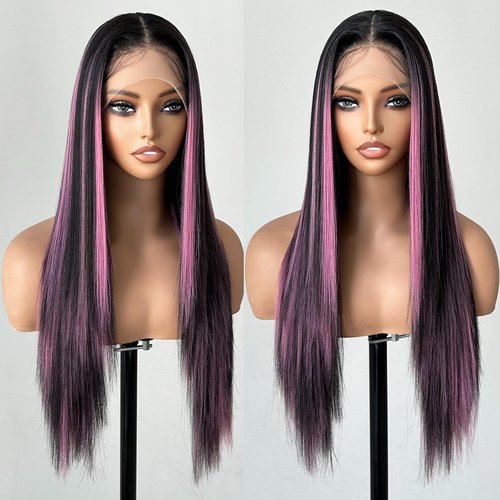 X-TRESS Highlight Pink and Black Wig 13x4x1 HD Transparent Lace Front Wigs Pre-plucked with Baby Hair, 26 Inch Straight Synthetic Lace Front Wig for Women 1b/Pink Highlight T-part Lace Wig