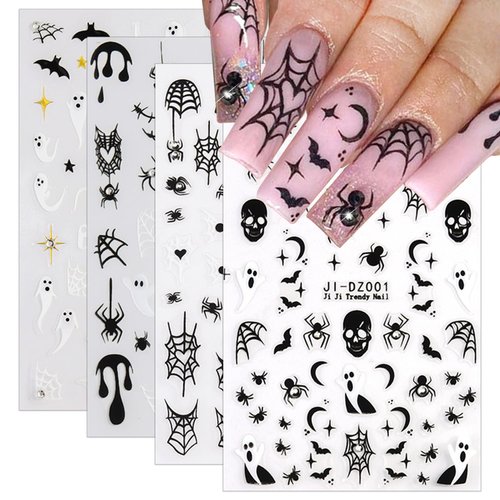 4 Sheets Rhinestones Halloween Stickers 3D Self Adhesive Spider Ghost Nail Art Stickers Glitter Luxury Charms Nail Decals Spooky for Women Halloween DIY Manicure Salon