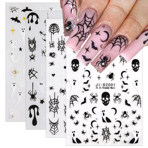 4 Sheets Rhinestones Halloween Stickers 3D Self Adhesive Spider Ghost Nail Art Stickers Glitter Luxury Charms Nail Decals Spooky for Women Halloween DIY Manicure Salon