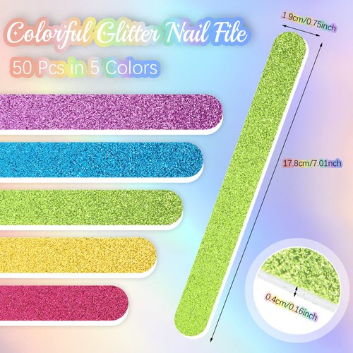 50 Pcs Glitter Nail File Colorful Nail Buffers Double Sided Emery Nail Filer Manicure and Pedicure Nail File Strips Pedicure Tools for Women Girls Shaping Smoothing Toenails and Fingernails, 5 Colors