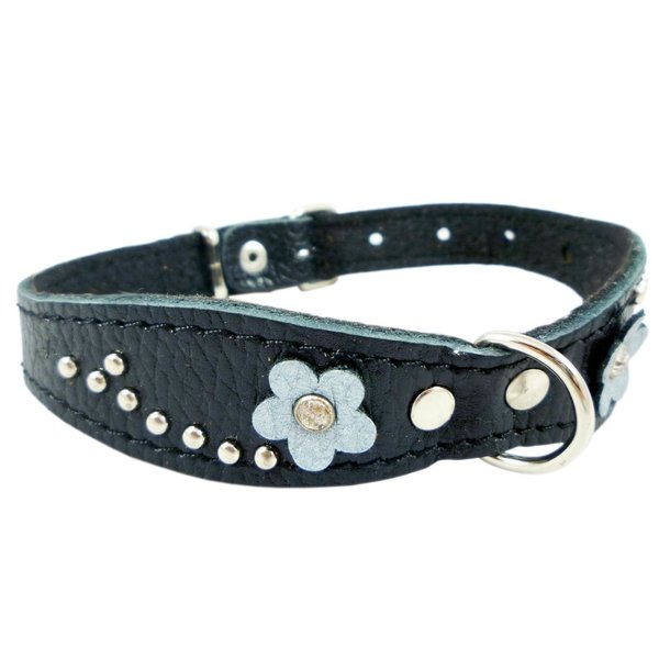Black Genuine Leather Designer Dog Collar 11" x3/4" with Studs, Daisy, and Rhinestone
