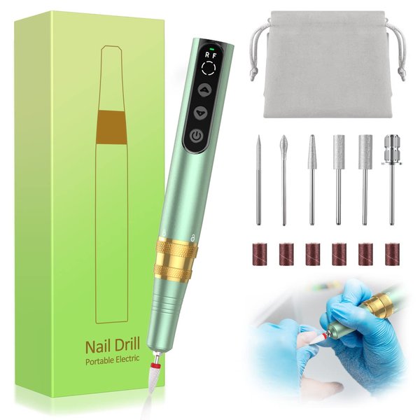 YBLNTEK Cordless Nail Drill, 35000RPM Electric Nail Drill Machine for Acrylic Gel Nails, Portable Electric Nail File Kit for Home Salon Manicure Pedicure and Polishing with 7 Nail Drill Bits, Green