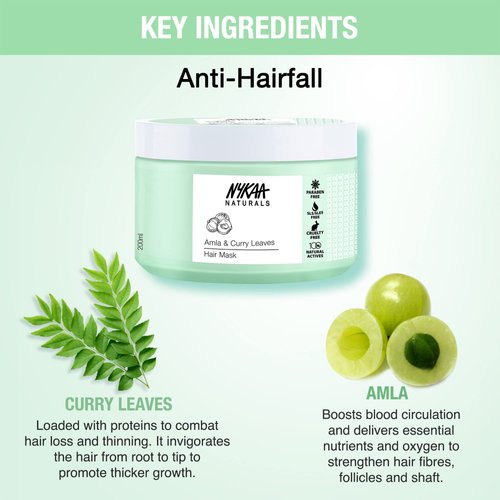 Nykaa Naturals Hair Mask - Boosts Blood Circulation - Combats Hair Loss and Thinning - Clarifies Your Scalp of Dead Cells, Suitable for All Hair Types - Amla and Curry Leaves - 6.76 oz