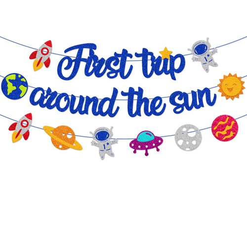 First Trip Around the Sun Banner Outer Space Sun Planets Rocket Galaxy Astronaut Universe Ship Theme 1st Birthday One Year Old Birthday Decoration Baby Shower Party Supplies (Glitter Blue)