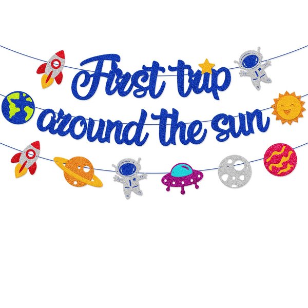 First Trip Around the Sun Banner Outer Space Sun Planets Rocket Galaxy Astronaut Universe Ship Theme 1st Birthday One Year Old Birthday Decoration Baby Shower Party Supplies (Glitter Blue)