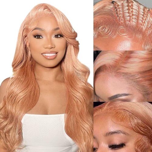 Pink Blonde Lace Front Wig Human Hair 13x4 HD Lace Rose Gold Human Hair Wigs Pre Plucked Peachy Blonde Colored Wig Human Hair For Women 150% Density Strawberry Blonde Body Wave Lace Front Wig 20 Inch