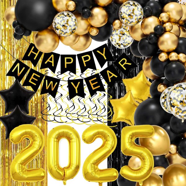 New Years Decorations 2025 Balloons Set, 2025 Balloons Fringe Curtains Happy New Year Banner Gold Black Balloons Star Balloons for Happy New Year Backdrop Decorations New Years Eve Party Supplies