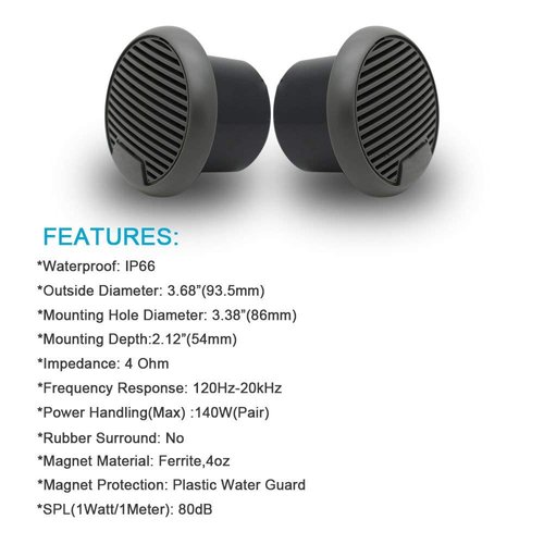 Herdio 3 Inch Waterproof Marine Speakers Full Range Audio Motorcycle Speaker Stereo System with MAX Power 140 W (Pair) for Motorcycle,Boat,Hot tub,UTV,ATV,Golf Carts,Powersports,CAR,SPA(Grey)