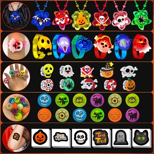 100 PCS Halloween Party Favors for Kids, Halloween Glow in the Dark Toys Decorations Rotating Spin Light Up Necklaces Rings Bracelets Balls, Halloween Trick or Treats Goodie Bag Fillers Party Supplies