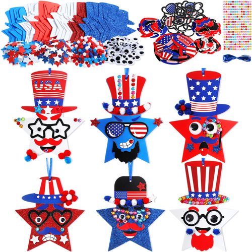 ReliThick 1153 Pcs 4th of July Arts and Craft Kits for Kids DIY Patriotic Craft DIY Star Ornament Patriotic Star Ornaments Decoration Red White Blue Glitter Star Stickers Craft Classroom Home Activity