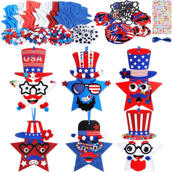 ReliThick 1153 Pcs 4th of July Arts and Craft Kits for Kids DIY Patriotic Craft DIY Star Ornament Patriotic Star Ornaments Decoration Red White Blue Glitter Star Stickers Craft Classroom Home Activity