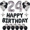 NANINUNENO 24th Black Silver Birthday Party Decorations for Men Women, Happy 24 Birthday Party Supplies with Black Happy Birthday Banner, Silver Foil Stars, Happy Birthday Balloons for 24th Birthday