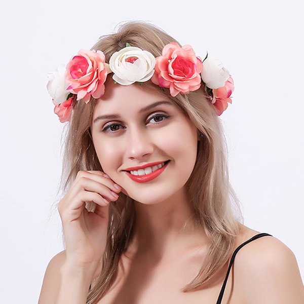 Kercisbeauty Rustic Floral Wreath Crown for Wedding Brides Flower Girls Pink Blush Rose Flower Headband Tiara Hair Accessory for Women Girls Prom Halloween Party (Pink)