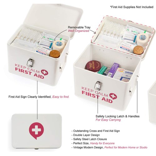 SoldSimple Keep Calm First Aid Medicine Organizer Storage Metal box with Lid, Latch Closure, Removable Tray and side handles, Vintage Empty Box for Home, 9" x 6.3" x 6.5", Milky White