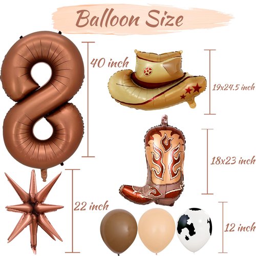 Number 8 Balloons Cowboy Themed Party Decorations, 40inch Foil Balloon Brown Number Balloons, Cow Balloons Cow Farm Cowboy Hat Balloons for Kids Cowboy Birthday Party Decorations