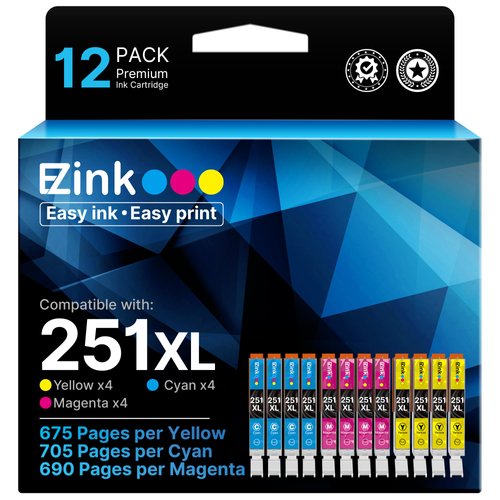 E-Z Ink Compatible Ink Cartridge Replacement for Canon CLI-251XL CLI 251 to use with PIXMA MX922 IP7220 MG5520 MG5420 IX6820 IP8720 MG7520 MG6320 Printer (4 Cyan, 4 Magenta, 4 Yellow, 12 Pack)