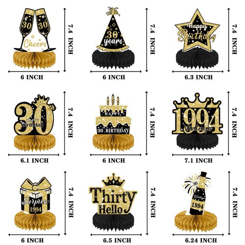 9Pcs Black Gold 30th Birthday Decorations Honeycomb Centerpieces for Men Women,Vintage 1994 Aged Birthday Table Sign Decor,1994 Aged to Perfection Tables Toppers