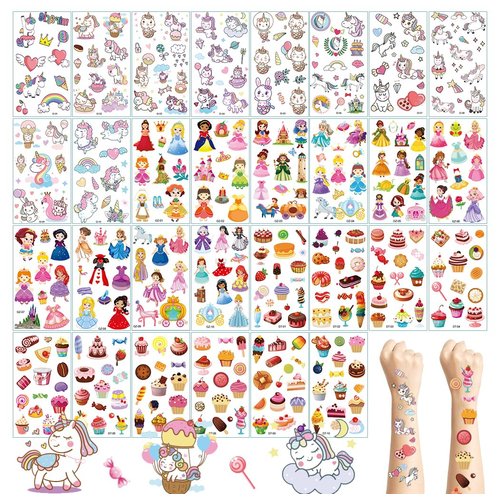 30 Sheets Temporary Tattoos Kit for Kids, Fake Cute Tattoo Stickers Waterproof, Birthday Party Favor (Unicorn ＆ Princess ＆Dessert)