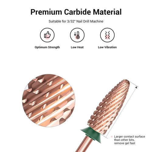 MelodySusie Long Flame Nail Drill Bits, 3/32'' Carbide Tungsten Bits, Suitable for Manicure Pedicure Cuticle Gel Polishing, Beginners Bits, Rose Gold, Series Bit-X, Coarse
