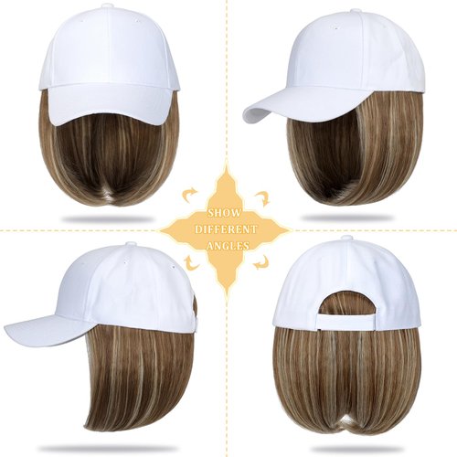 Lansigreen Baseball Cap with Hair Extensions Hat Wig Adjustable Hat Attached Short Straight 14" Synthetic Hairpiece for Women Mid Brown Mix Blonde