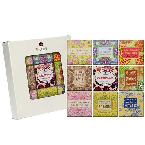 Jolitee French Milled Botanical Soap Sampler Set of 9 - Individually Wrapped Vegetable-Based Mini Soaps with Essential Oils, Shea Butter, and Natural Extracts (Floral Favorites - White Box)