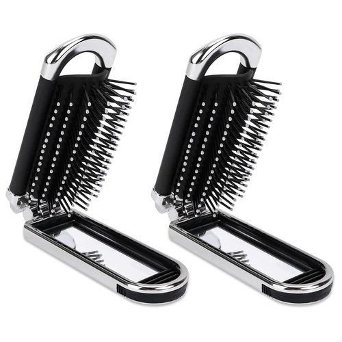 2Pcs Travel Hair Brush with Mirror, Folding Pocket Hair Brush for Women and Men, Mini Compact Massage Comb Hair Styling Tools for Gym, Trip, Purse, Swimming