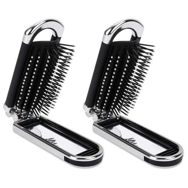 2Pcs Travel Hair Brush with Mirror, Folding Pocket Hair Brush for Women and Men, Mini Compact Massage Comb Hair Styling Tools for Gym, Trip, Purse, Swimming