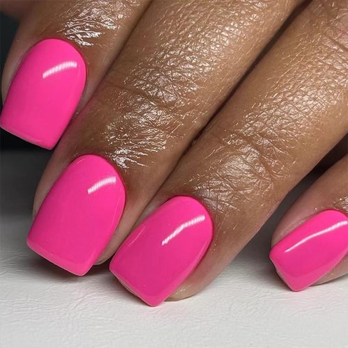 24 Pcs Hot Pink Press on Nails Short Square - YEFIUO Summer Solid Color Fake Nails Press ons Spring Nail Art Tips Full Cover French Acrylic False Nails with Glossy Design Glue on Nails Kit for Women
