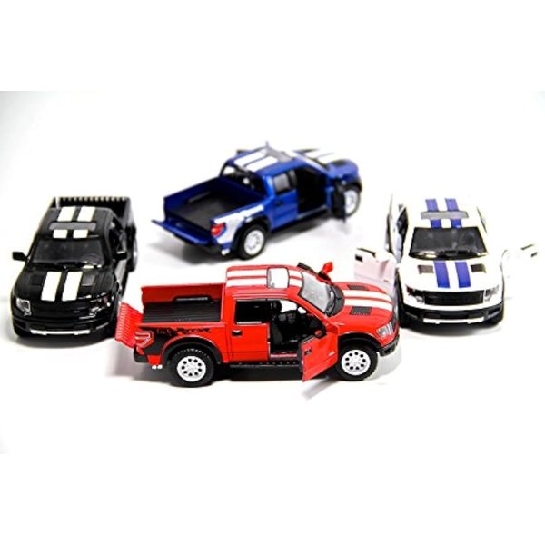 KiNSMART 2013 Ford F-150 SVT Raptor Supercrew SetOf4 w/Racing Strips 1:46 Scale 5inch Die Cast Metal Model Toy Trucks